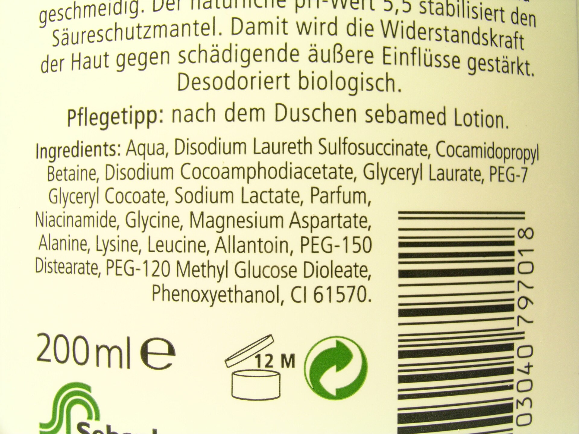 Back label of a body wash showing a printed INCI ingredient list